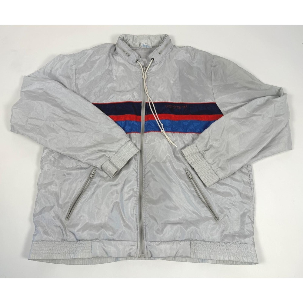 Vintage Adidas Windbreaker Jacket Mens XL Grey Red Blue Stripe Packable Hood Zip